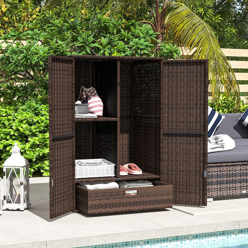 Outsunny Outdoor PE Rattan Wicker Towel Rack & Pool Toy Cabinet, Hot Tub Accessory Storage with Two Doors, Freestanding Cabinet