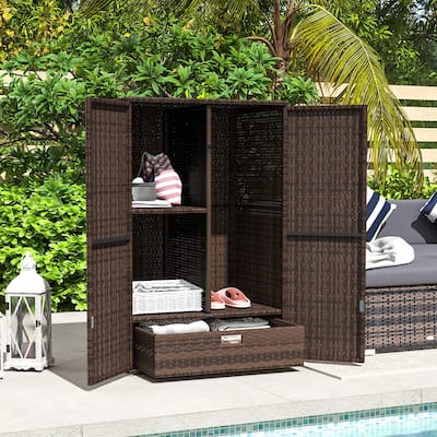 Outsunny Outdoor PE Rattan Wicker Towel Rack & Pool Toy Cabinet, Hot Tub Accessory Storage with Two Doors, Freestanding Cabinet