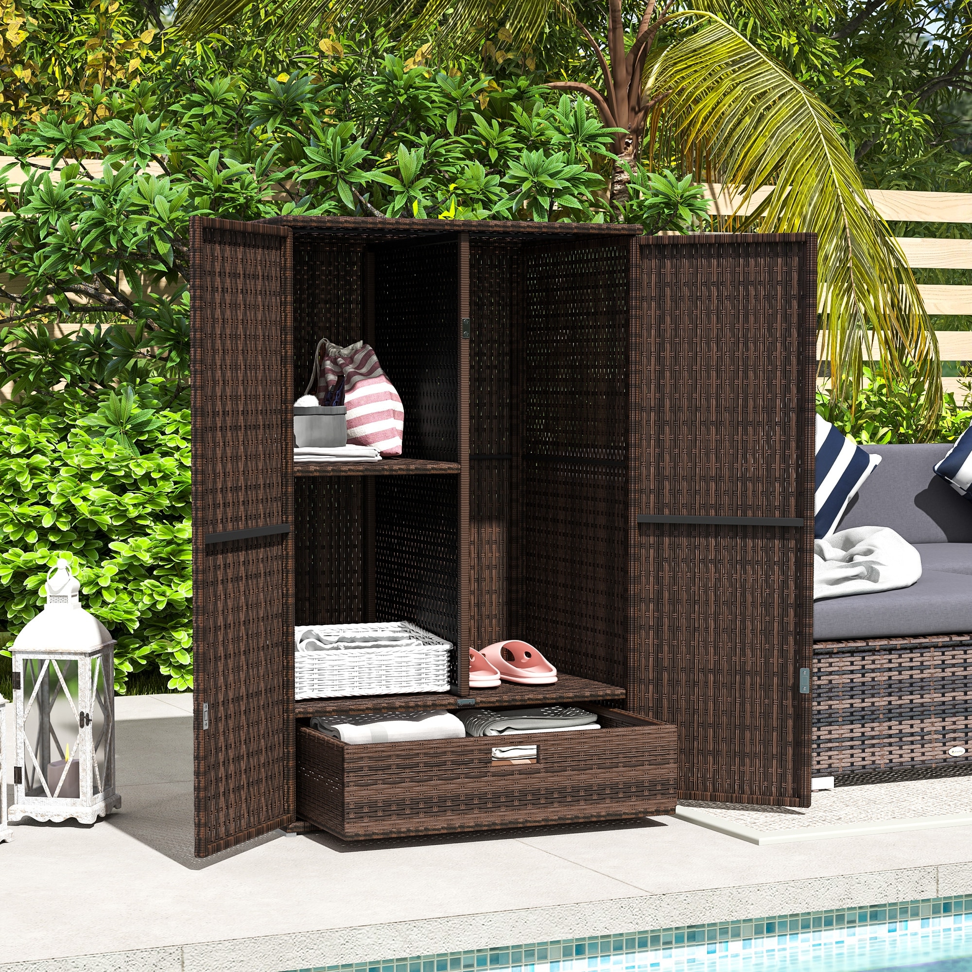 Outsunny Outdoor PE Rattan Wicker Towel Rack & Pool Toy Cabinet