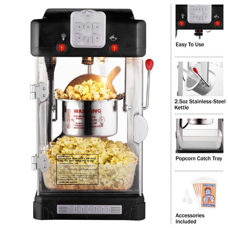 Pop Pup Countertop Popcorn Machine – 2.5oz Kettle with Measuring Spoon, Scoop, and 25 Serving Bags (Black)