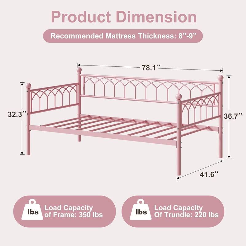 Twin Size Daybed, Metal Sofa Bed Frame with Trundle for Living Room, Small Spaces