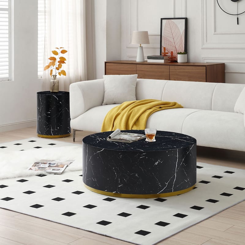Modern Faux Marble Coffee Tables for Living Room, 35.43inch Accent Tea Tables with Gold Metal Base