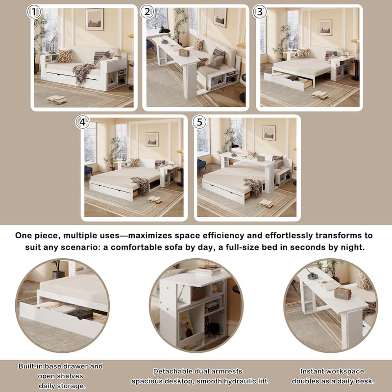 Queen Size 4-in-1 Daybed with Storage Drawers Desk Hydraulic Armrests