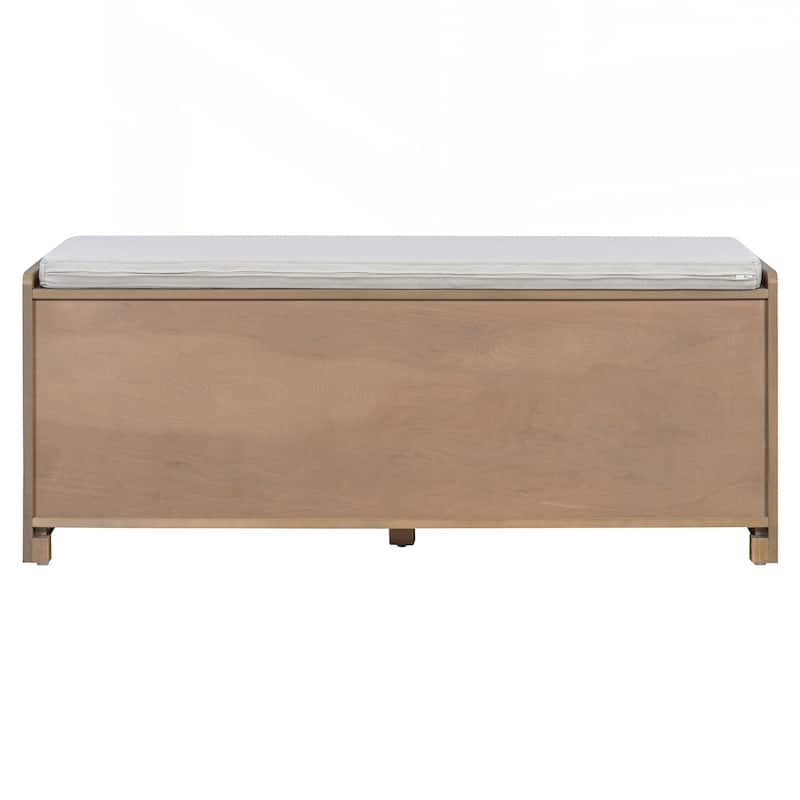 Rustic Storage Bench Multifunctional Wood Entryway Shoe Bench with Removable Cushion, Woven Rattan Doors & Adjustable Shelves