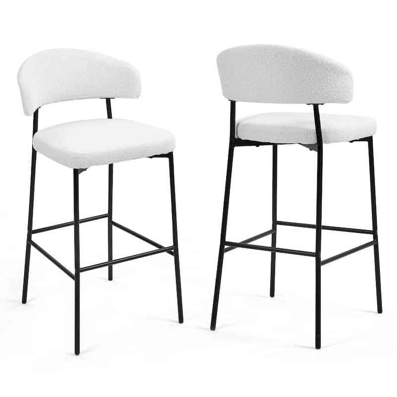 Set of 2 Bennett White Boucle Upholstered Fabric Bar Stool with Black Iron Legs