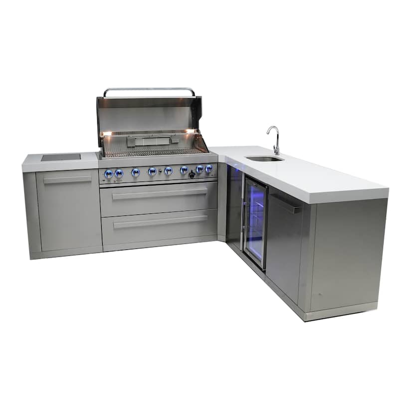 Mont Alpi MAi805-90BEV 6-Burner L-Shaped 90° Corner Stainless Steel Outdoor Kitchen Island Grill with Beverage Center - N/A