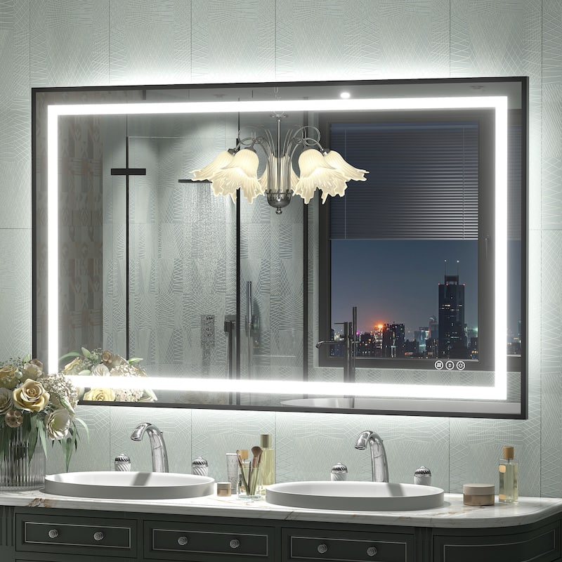 Black Metal Framed LED Front Light and Backlit Anti-Fog Wall Bathroom/ Vanity Mirror - 51" x 32"-Square Corner - Black