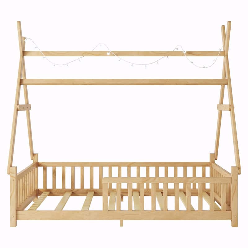 House Bed with Light, Low Floor House Bed with Fence and Roof