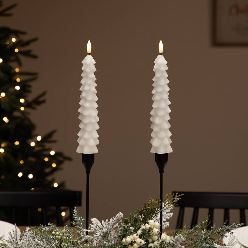 LED Flickering Flameless Wax Tapered Christmas Tree Candles - 9.75" - White - Set of 2