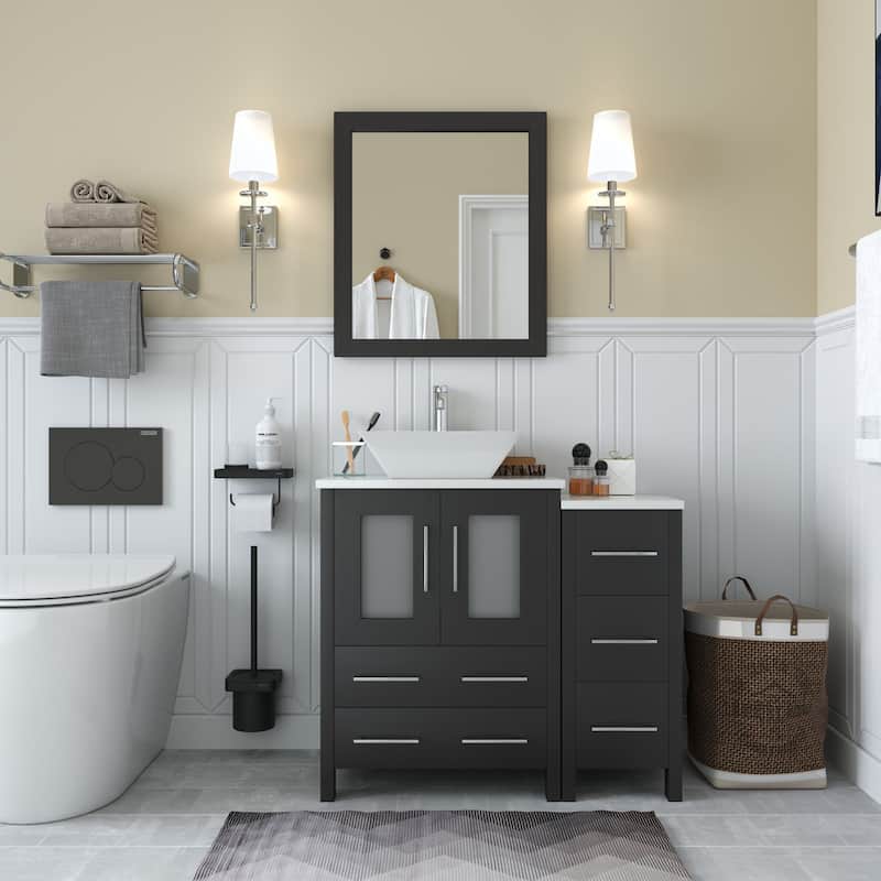 Vanity Art 36" Single Sink Bathroom Vanity Set with Engineered Marble Top and Free Mirror - 36 W X 18.5 D X 31.1 H - Espresso