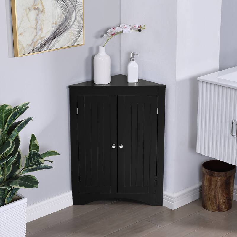 Roomfitters Corner Storage Cabinet with Doors, Free Standing Sideboard Cabinet with Adjustable Shelf for Living Room, Black