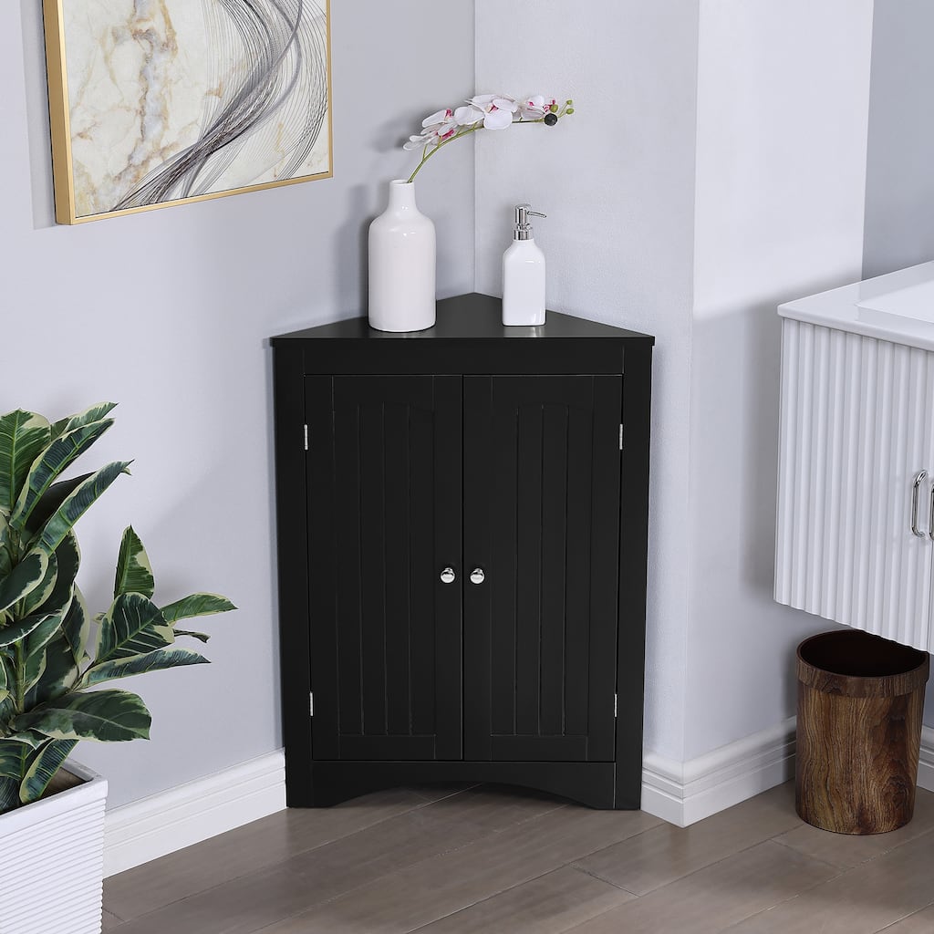 Wooden Floor Corner Cabinet Bathroom Cabinet, Double-Door Storage Cabinet with Adjustable Shelves