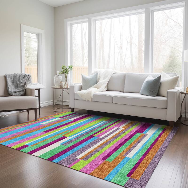 Machine Washable Indoor/ Outdoor Modern Stripes Chantille Rug