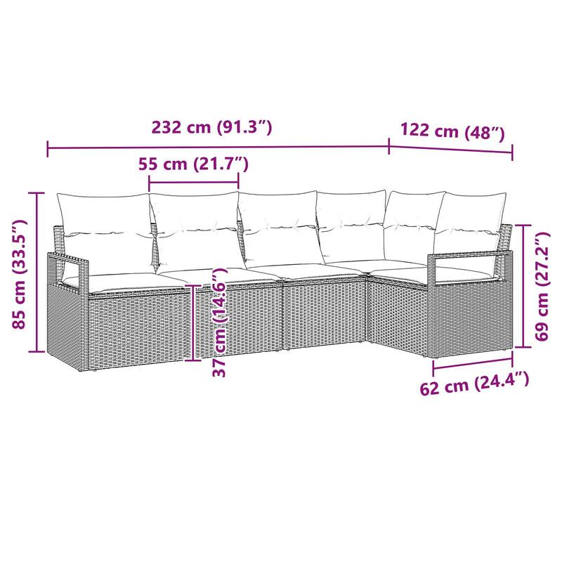 vidaXL 5/6 Garden Sofa Set with Cushions Black/Brown/Grey Poly Rattan - 91.3 x 48 x 27.2