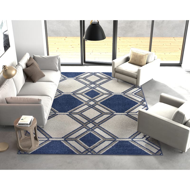 Domani Lesedi Contemporary Ivory/Denim Geometric Area Rug