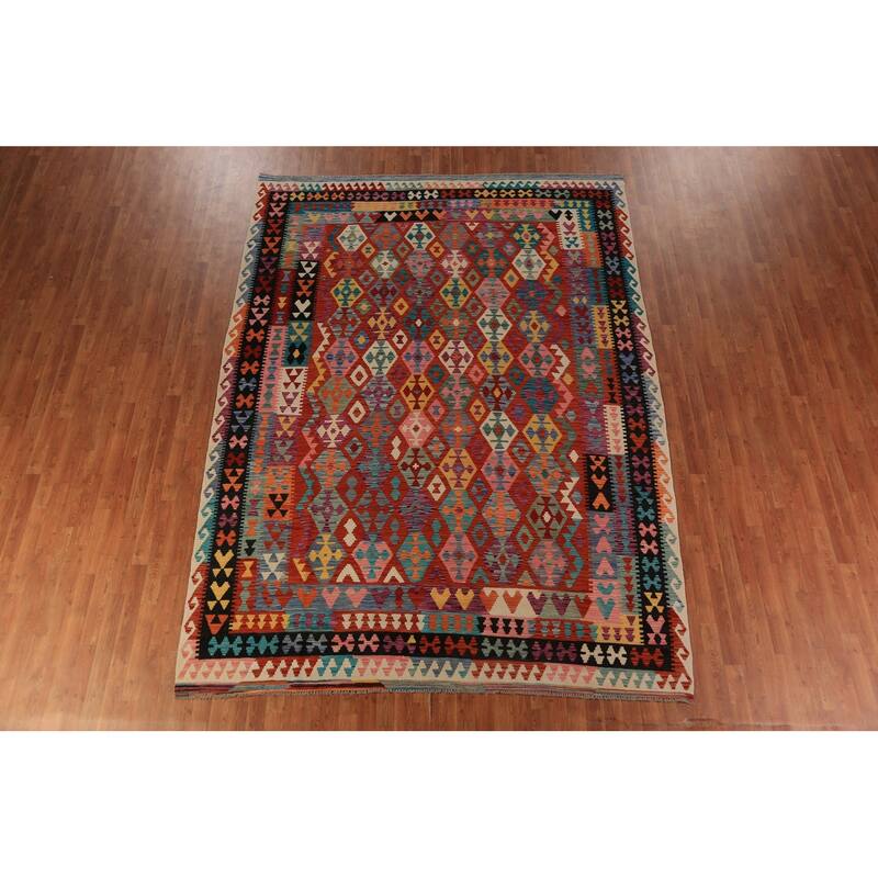 Geometric Kilim Oriental Area Rug Hand-Woven Multi-Color Wool Carpet - 8'1"x 11'1"
