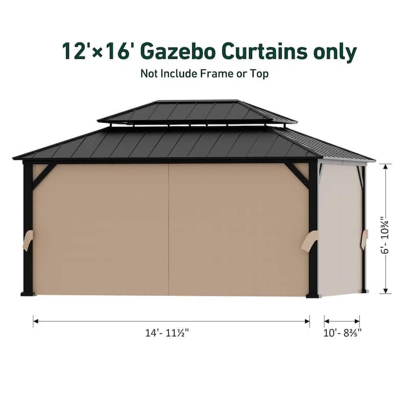Gazebo Curtain Replacement Universal 4-Panel Sidewalls 12' x 16', Outdoor Gazebo Privacy Curtains with Zipper (Curtain Only)