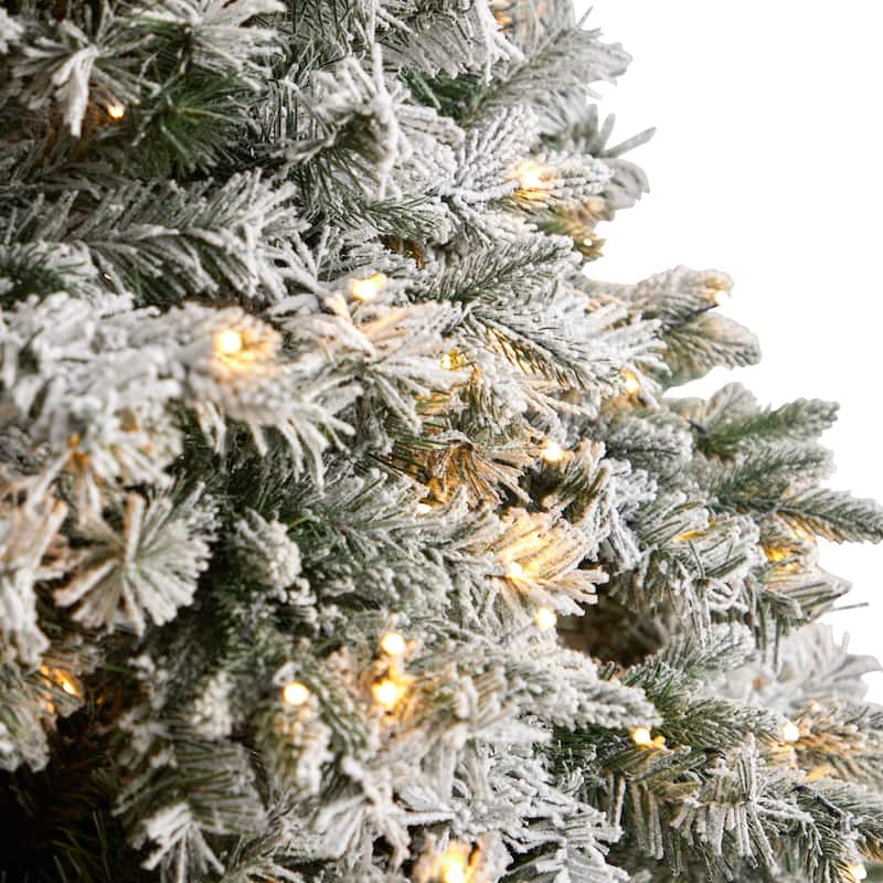 10ft Flocked Christmas Tree with Lights, Realistic Artificial Pine Tree, Holiday Decor, Winter Forest Tree - Green - 120