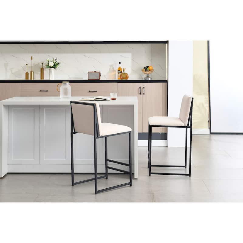 Set of 2 Counter Height Bar Stools, Ivory Linen Upholstery with Metal Frame & Footrest 