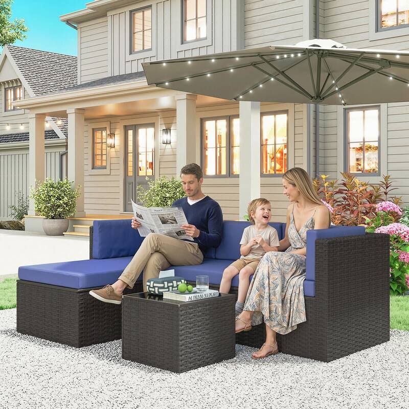 Outsunny 3 Piece Patio Furniture Set, Wicker Rattan Outdoor Patio Conversation Furniture Set with Cushions - Blue
