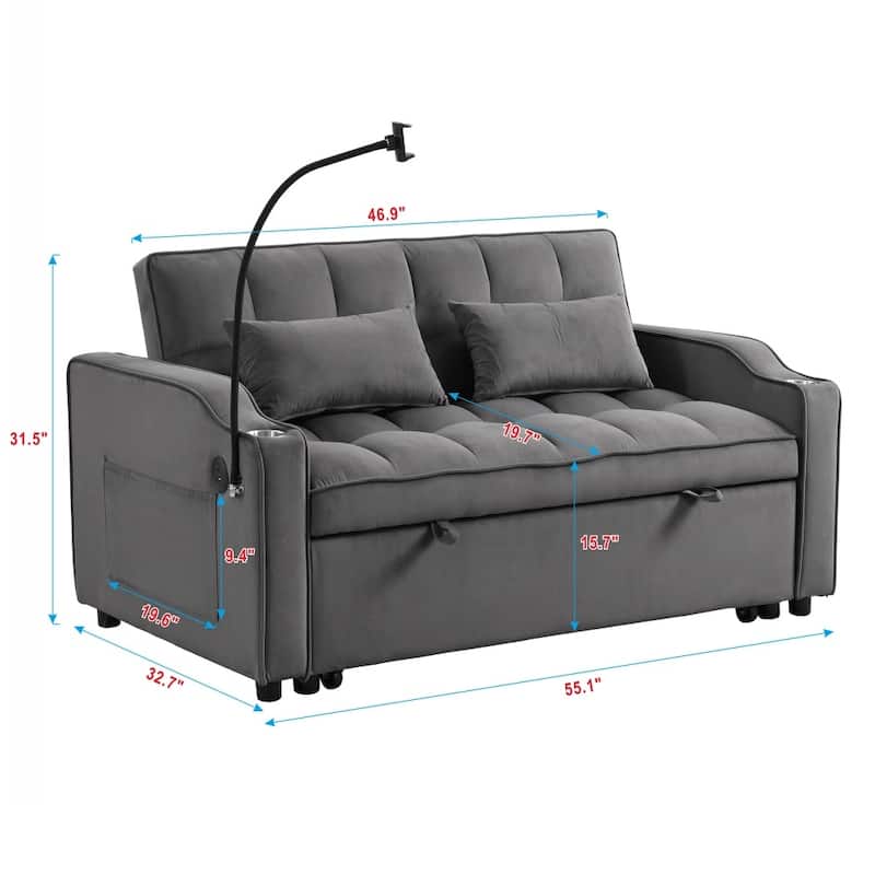 Modern Velvet Loveseat Futon Sofa with adjustable Reclining Backrest,Toss Pillows and Pockets