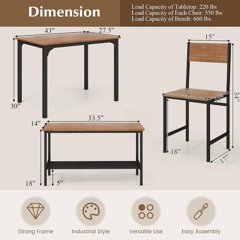 Gymax 4pcs Dining Table Set Rustic Desk 2 Chairs & Bench w/ Storage - See Details