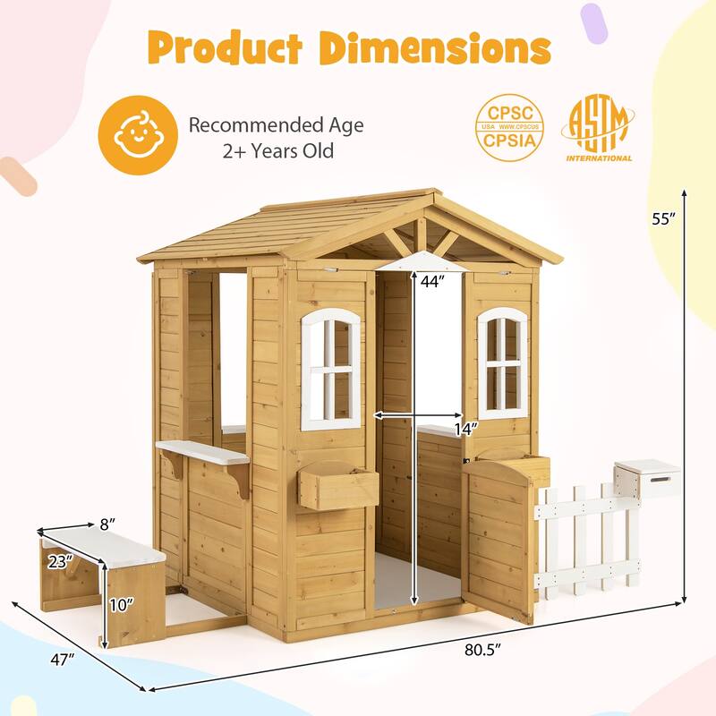 Natural Fir Wood Kids Playhouse with White Windows, Bench and Flowerpot Holders - 80.5" L x 47" W x 55" H