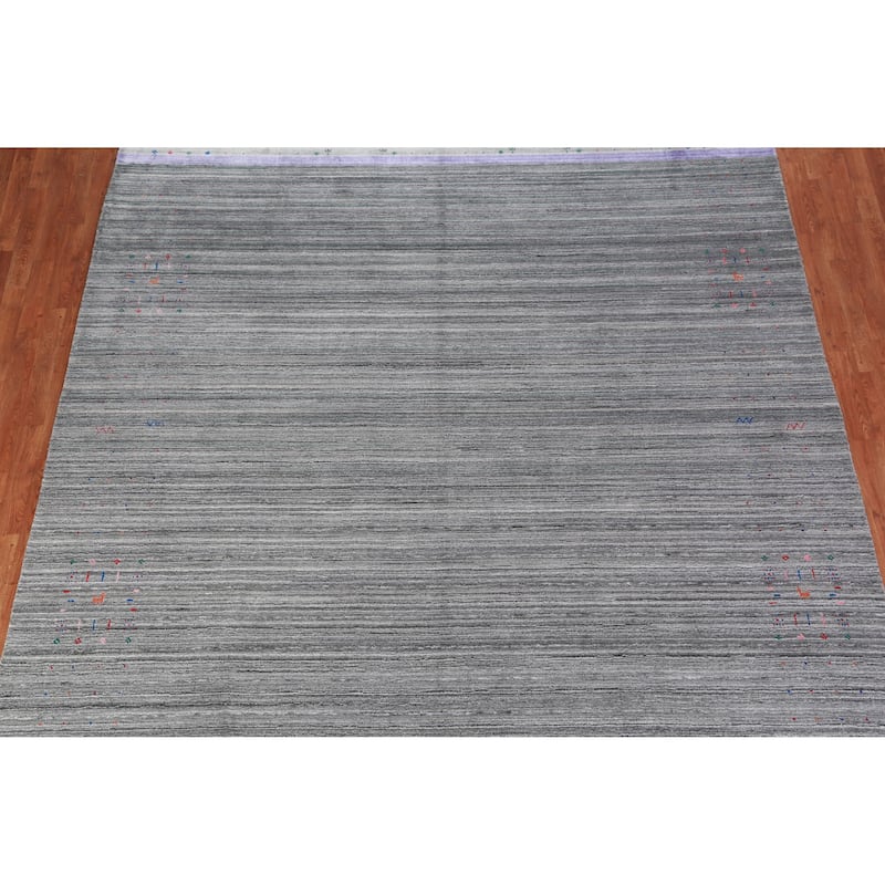 Hand Knotted Oriental 100% Wool Carpet Tribal Stripe Greys & Charcoal Gabbeh Area Rug - 12' 6'' X 9' 3''