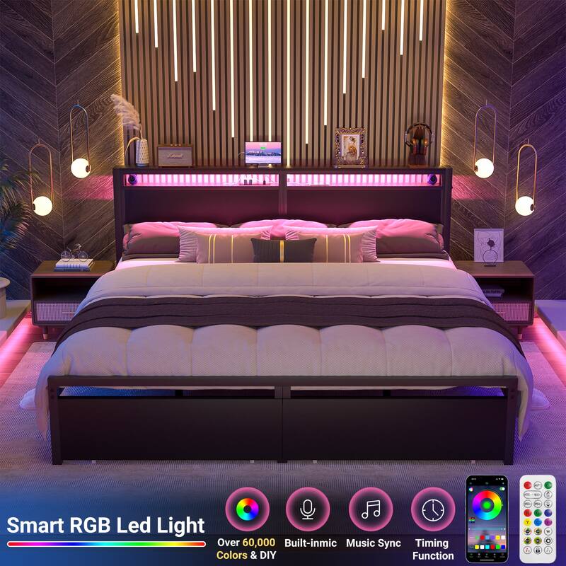 Platform Bed with Storage Headboard, Bed Frame with Charge Station and LED Light