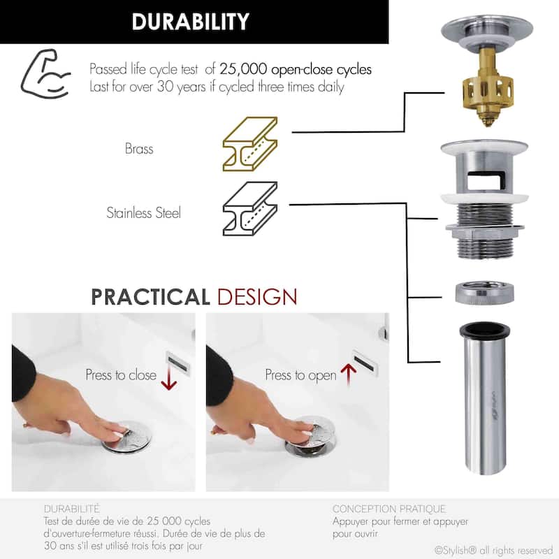 STYLISH Pop-Up Bathroom Sink Drain with Overflow D-701