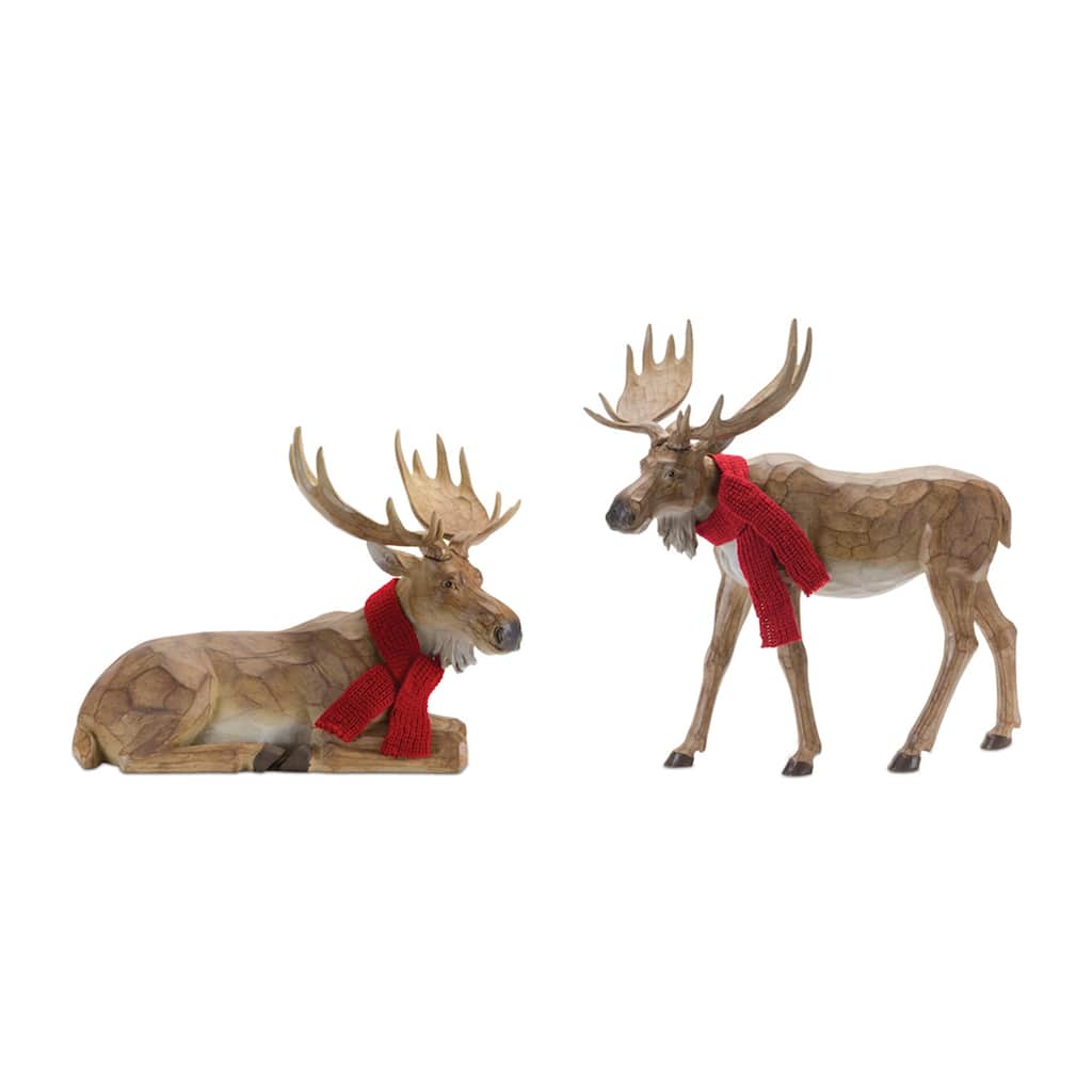 Carved Winter Moose with Scarf Christmas Tabletop Decoration - 20.5" - Set of 2