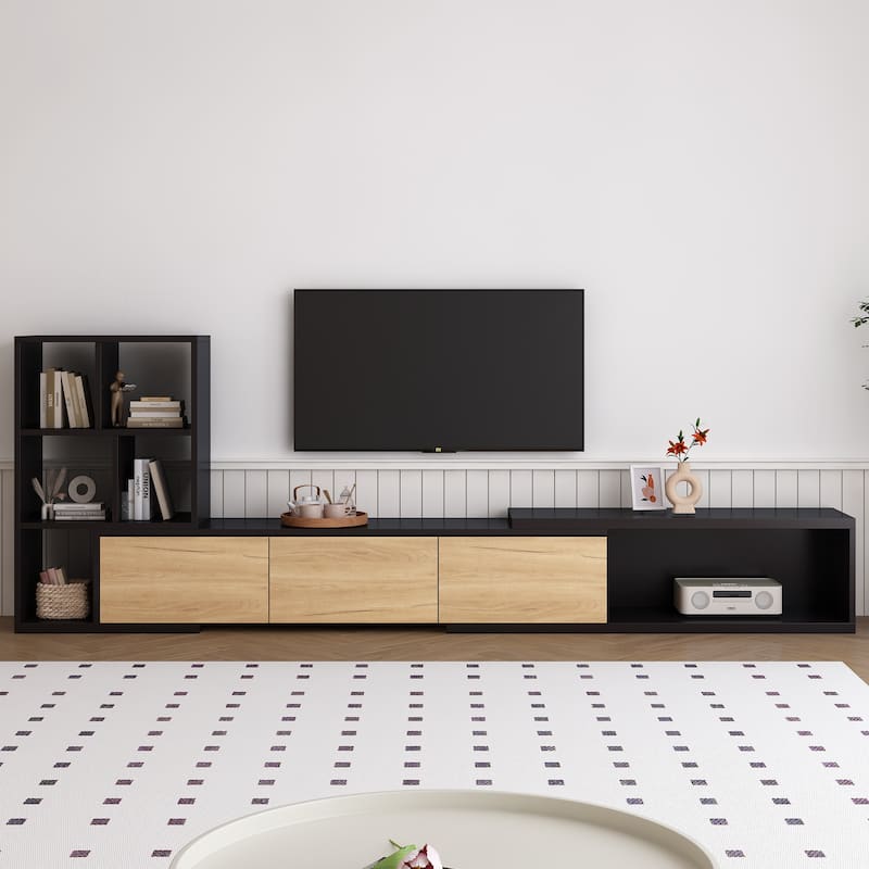 Black 74.8"-126" Extendable TV Stand with 3 Tier Bookshelves and Storage Cabinets for TVs Up to 110"