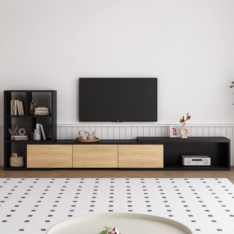 Extendable TV Stand with 3 Tier Bookshelves for TVs up to 110'', Adjustable Entertainment Center with Cabinets.