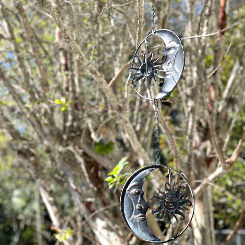 80-Inch Metal Rain Chain - 6 Celestial Crescent Moon & Suns, Verdigris - 6 X 80 X 6 inches