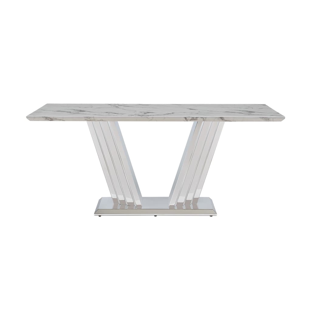 70'' Rectangle Faux Marble Dining Table with Mirrored Finish Stainless Steel Base - Silver+White