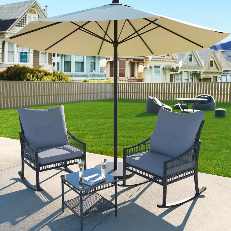 VEIKOUS 3-Piece Outdoor Wicker Patio Porch Rocking Chair and Rattan Coffee Table Set with Cushions and Pillows - Grey