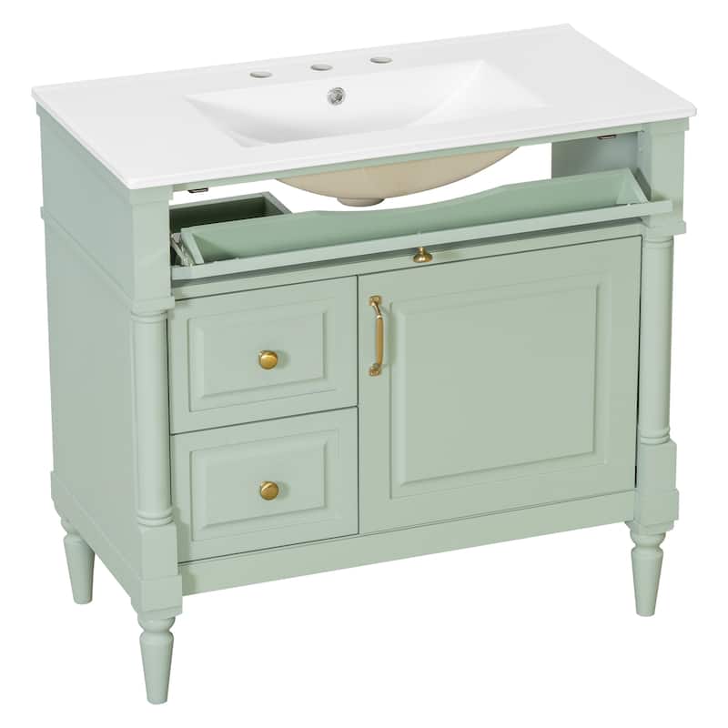 Roomfitters 36" Bathroom Vanity with Sink, Solid Wood Frame, Flip Drawer, 2 Drawers & Door Rack