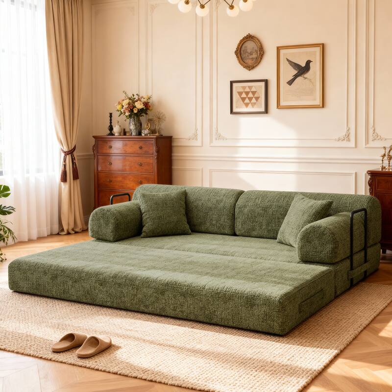 Convertible Sleeper Sofa Bed with Cylindrical Pillow, Corduroy Folding Mattress Couch, Floor Sofa Lounge Couch for Bedroom