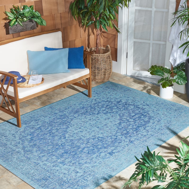 SAFAVIEH Courtyard Boud Indoor/ Outdoor Waterproof Patio Backyard Rug - 4' x 5'7" - Navy/Aqua
