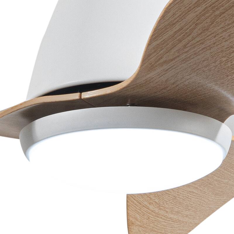 Cian Modern White Lighted Ceiling Fan with Natural Wood Finish 3-Blades LED Remote Control - White-Natural