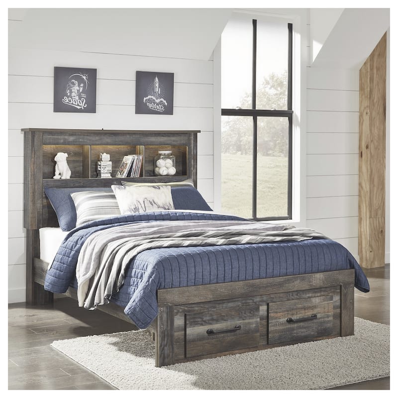 Drystan Rustic Brown Bookcase Bed with Footboard Storage Drawers - Full