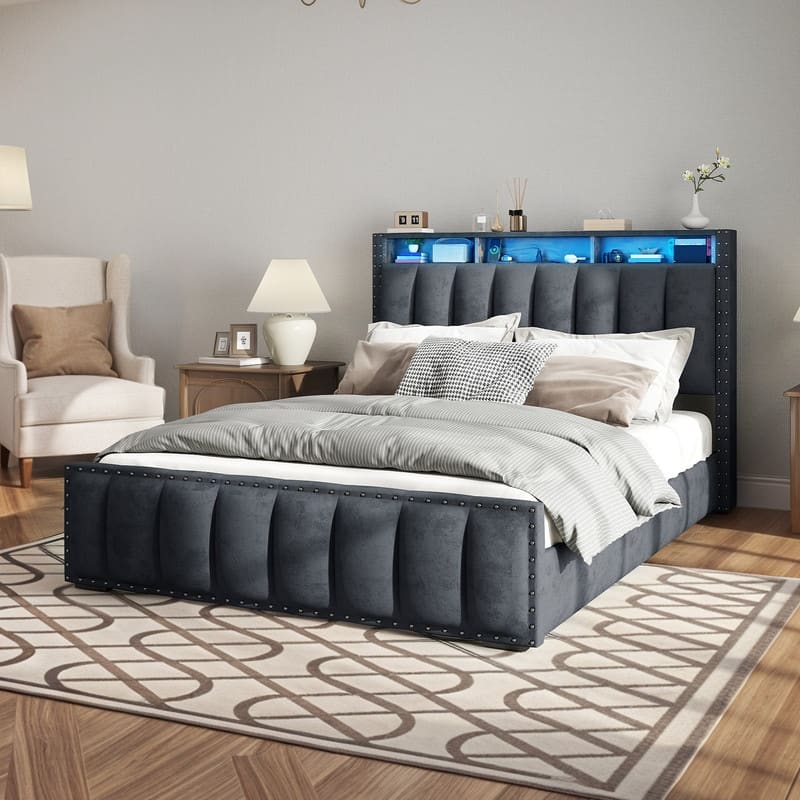 Moasis Full/Queen/King Velvet Upholstered Platform Bed Bedframe with Charging Station and 4 Storage Drawers