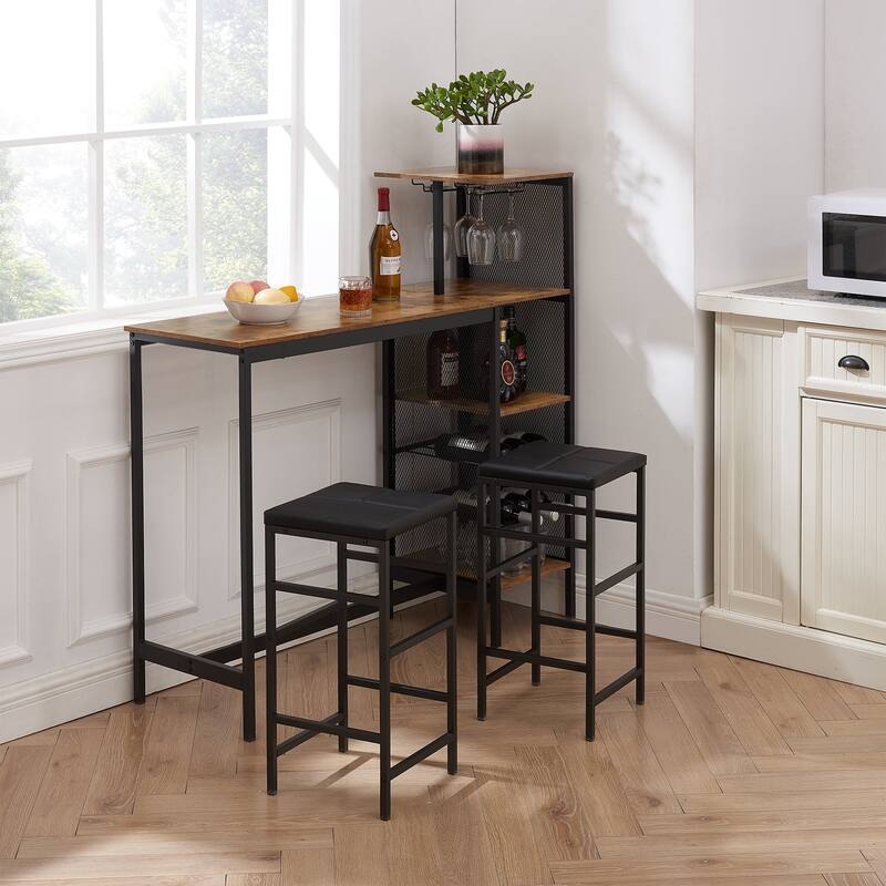 Javlergo 3-Piece Bar Table Set, Rectangular Wood Counter Height Table with 2 Upholstered Stools, Wine Rack & Glass Holder
