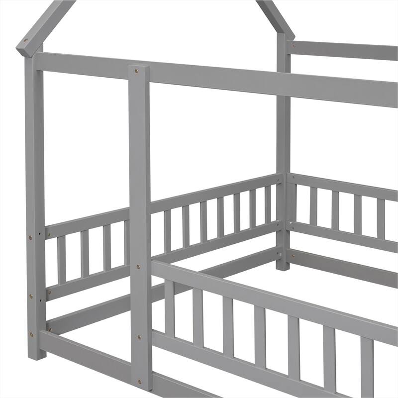 Floor Wooden Bed with House Roof Frame