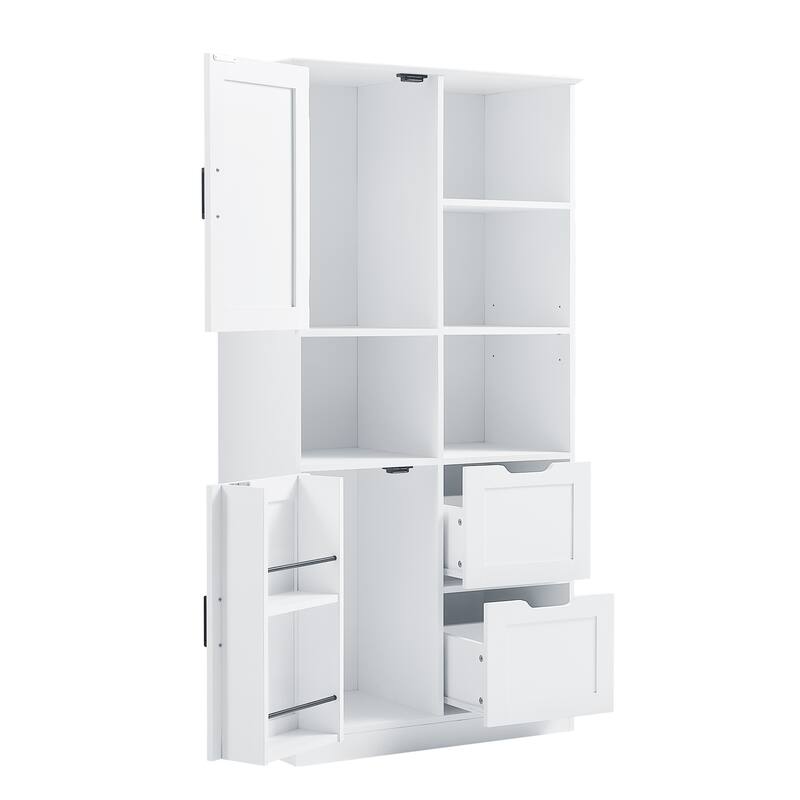 Freestanding Style Versatile White Storage Cabinets with 2 Drawers, 2 Cabinets, 4 Open Shelves and Adjustable Shelf