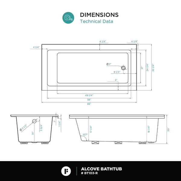 dimension image slide 1 of 6, Fine Fixtures Tile-In White Fiberglass/Acrylic Soaking Bathtub with Built-in Tile Flange