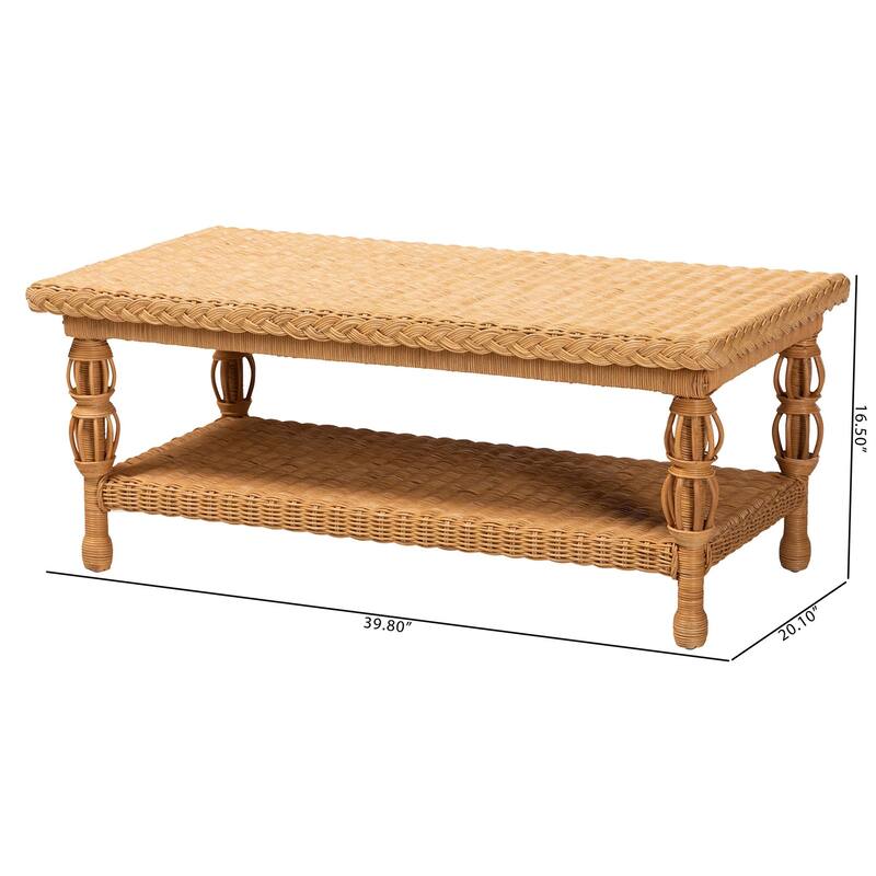 Dolby Natural Rattan Coffee Table - Handwoven Wicker Accent Table with Lower Shelf, Coastal Boho Style Living Room Centerpiece
