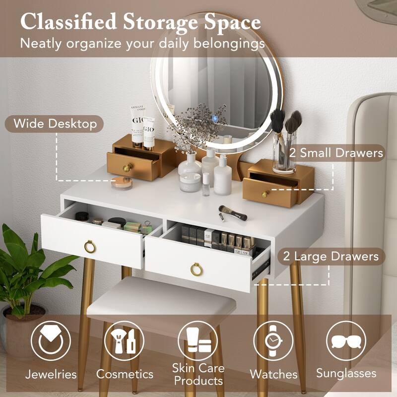Costway Vanity Makeup Dressing Table Stool Set 3-Color Lighted Mirror - See Details