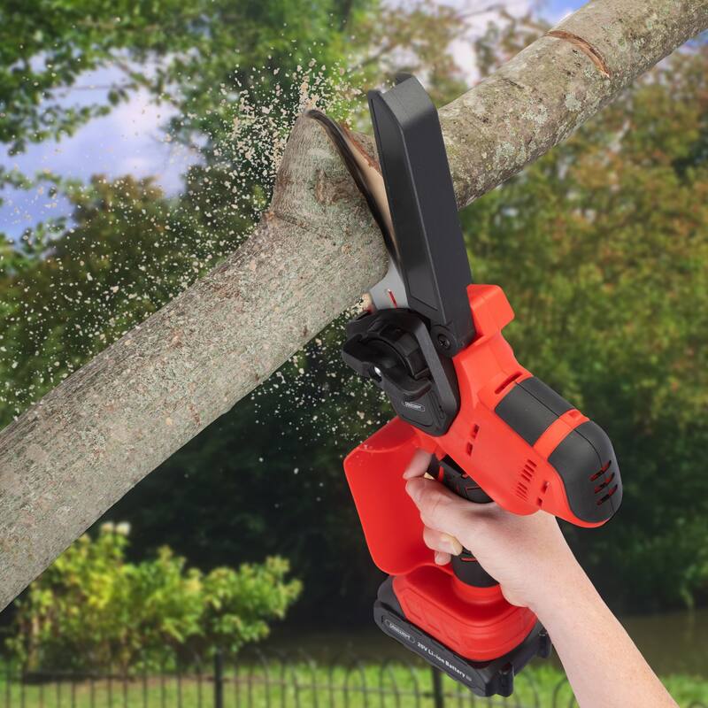 Mini Chainsaw - 5-Inch Chain Saw with 20V 1500mah Lithium Ion Battery, Charger, Carry Case - Handheld Saw by Stalwart (Black)