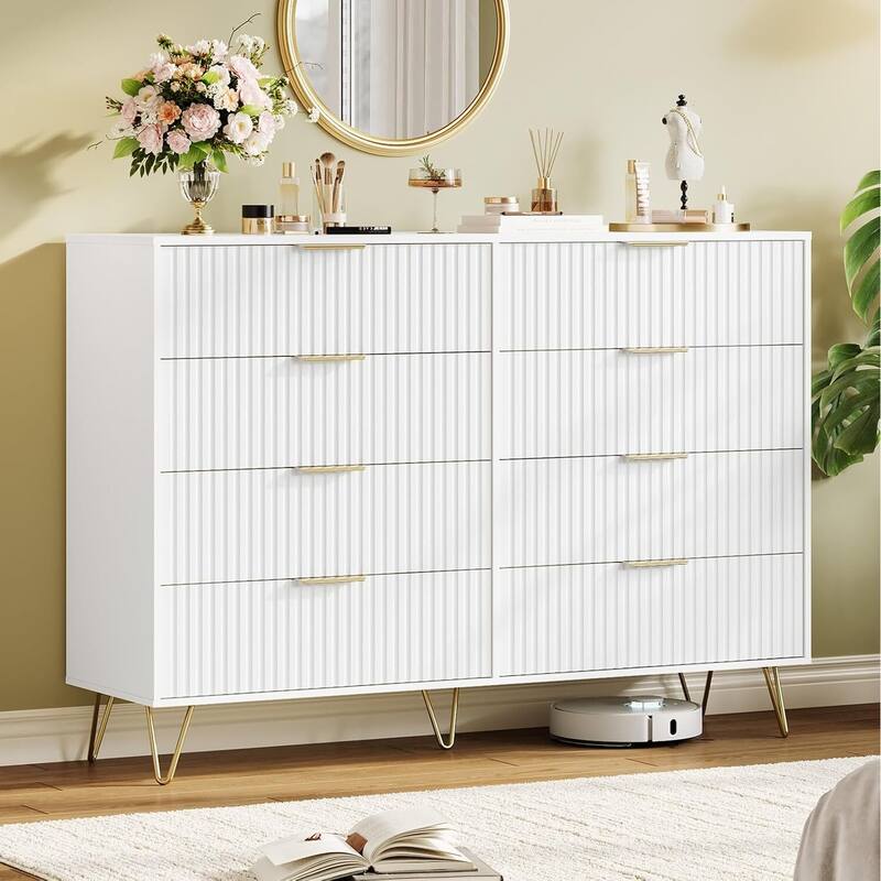 55" Wide Modern Fluted Dresser for Bedroom with 8 Drawers - White